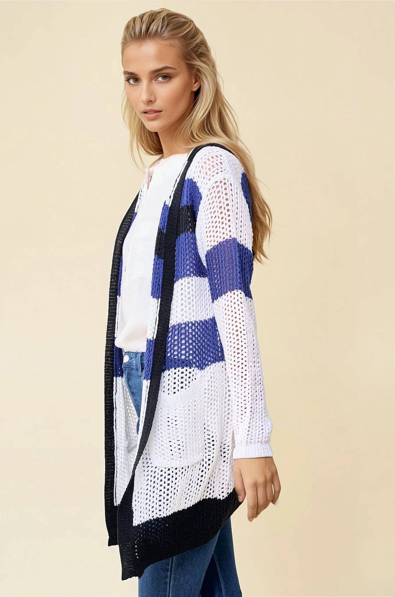 Navy Black Multi Stripe Hoodie Cardigan - 10138J for wholesale on Faire3