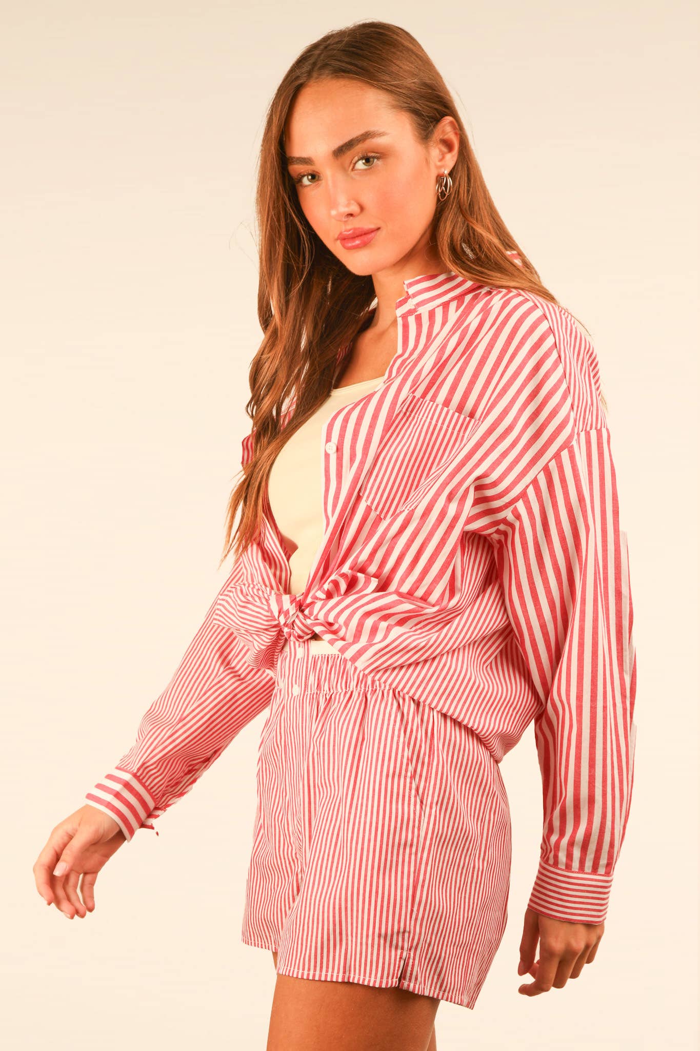 VERY J - Wholesale Lounge Set - Women's - NT12020SET-Striped Oversized Comfy Shirt Top & Shorts Set7