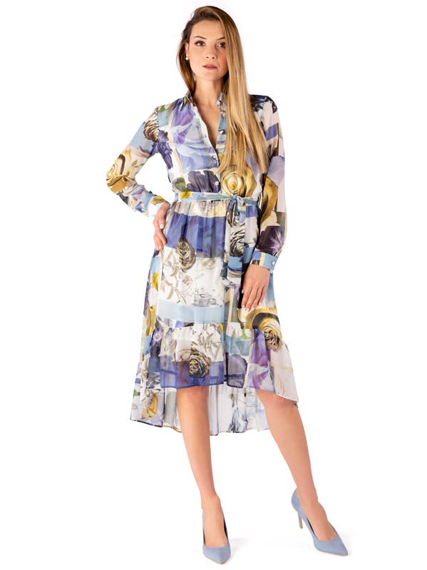 Abito asimmetrico in chiffon stampato a camicia per la vendita all'ingrosso da parte di ZUMBI Fashion Store