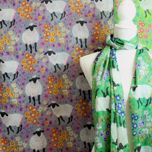 100% Polyester Sheep & Flowers Print Scarf for wholesale by Western Counties Wholesale