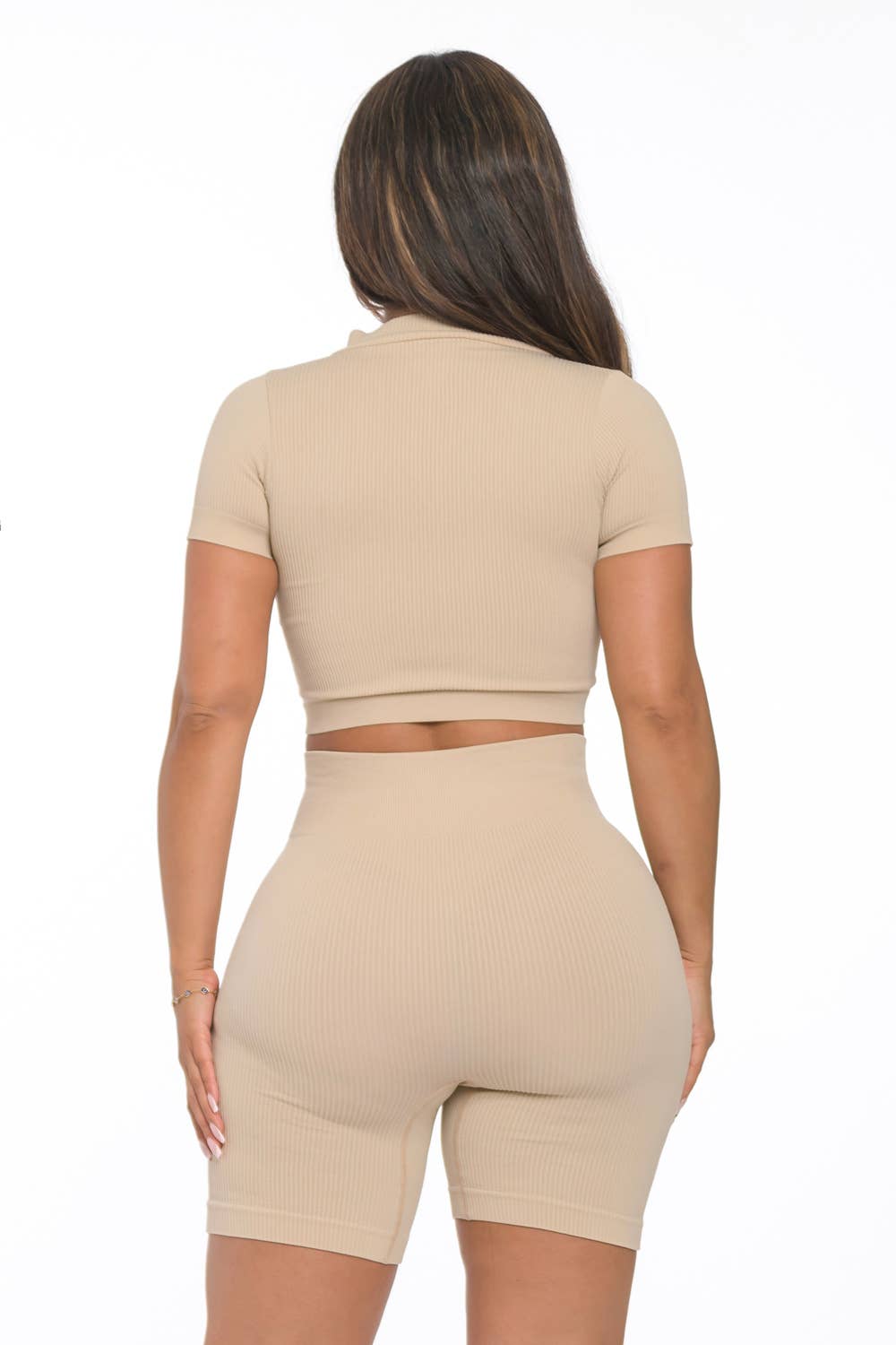 Lime All the Time - Wholesale Activewear Set - Women's - 2 Pc Rib Seamless Split Zipper Crop and Highwaist Short Set7