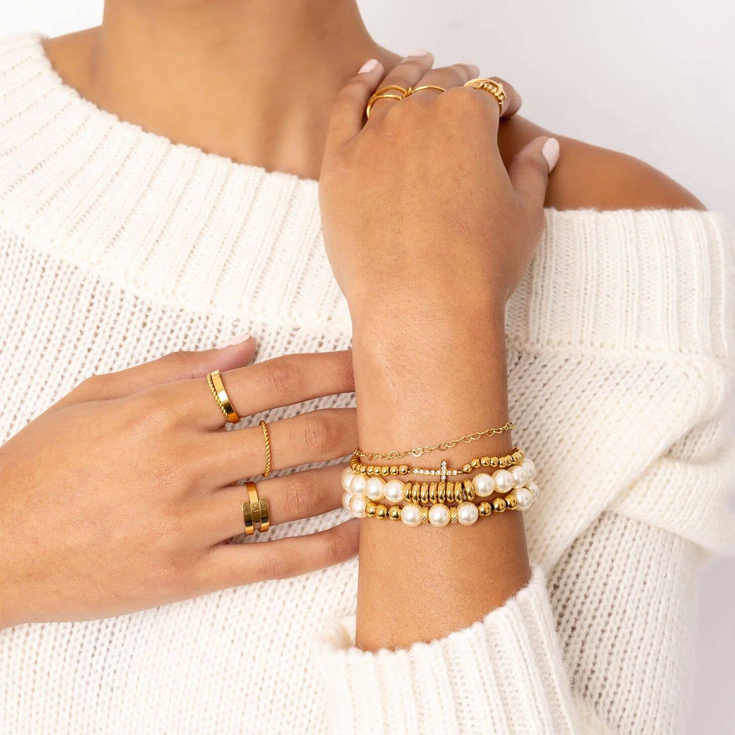 WJW - Wholesale Charm/Dangle Bracelet - 18K Gold PVD CZ Cross Beaded Stretch Bracelet3