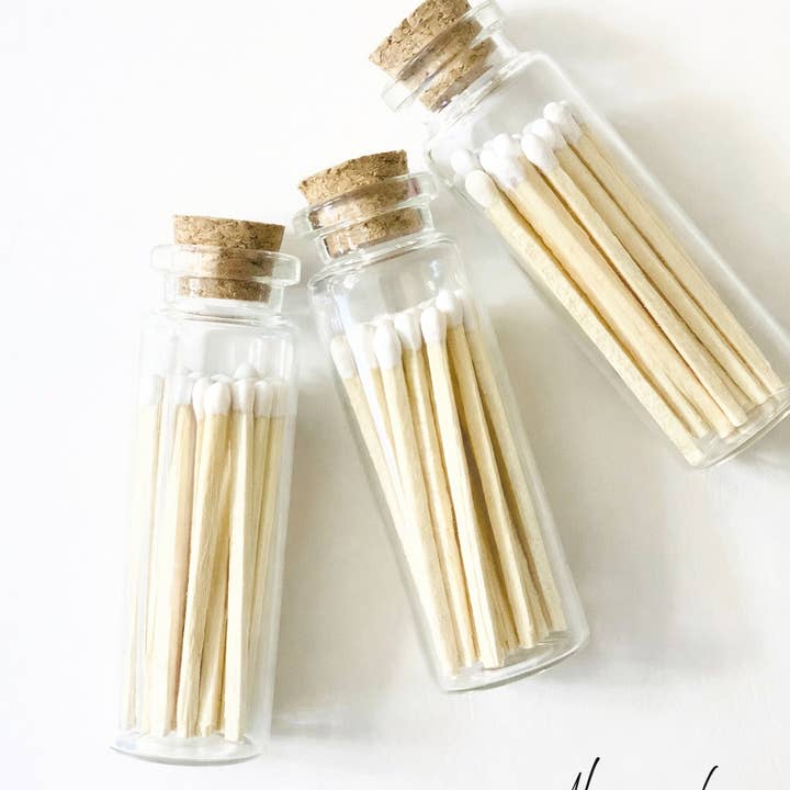 White Color Tip Matches Glass Corked Vial 25 CT - Striker for wholesale by Candle Cabana