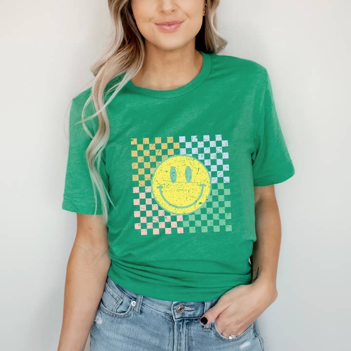 Olive And Ivory Wholesale - Wholesale Screen Printed T-Shirt - Women's - Four Square Smiley Face | Short Sleeve Crew Neck