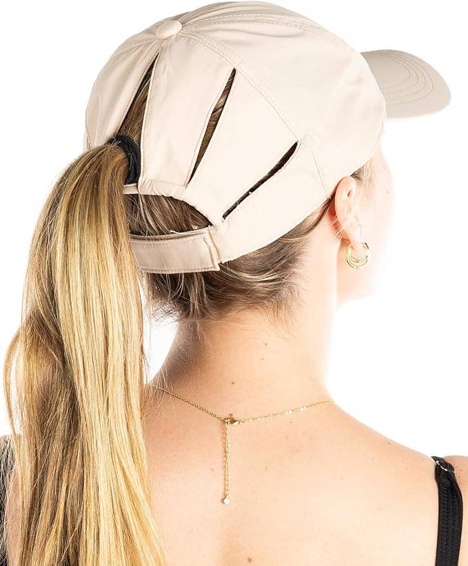 Funky Junque - Wholesale Ponytail cap – Women’s - 100% Polyester Sunshine Messy Bun High Ponytail Hat - Beige