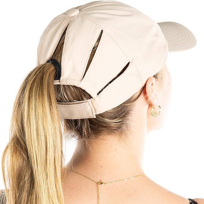 Funky Junque - Wholesale Ponytail cap – Women’s - 100% Polyester Sunshine Messy Bun High Ponytail Hat - Beige0