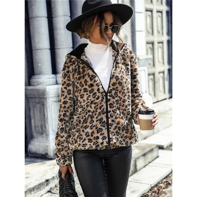 Long Sleeves Hooded Zipper Leopard Printed Outerwear for wholesale on Faire2