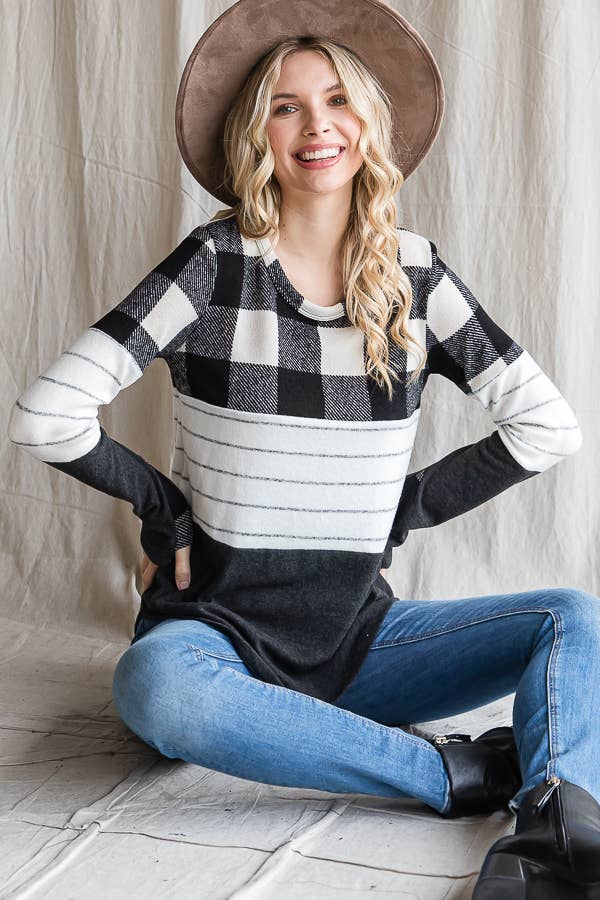 7th Ray - Wholesale Knit Top - Women's - Cozy Color Block Plaid Striped Thumbhole Pullover TopT4423-15