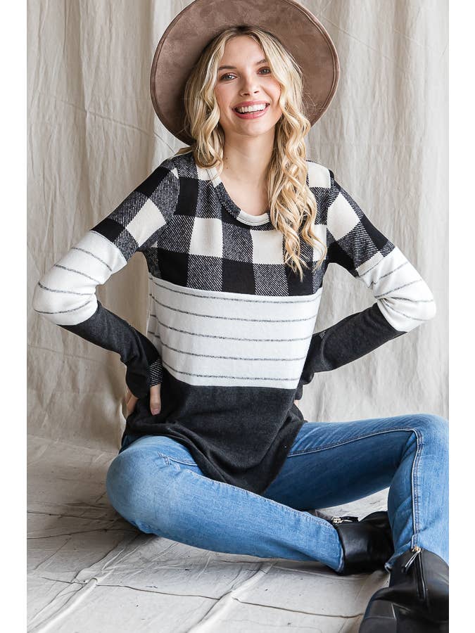 7th Ray - Wholesale Knit Top - Women's - Cozy Color Block Plaid Striped Thumbhole Pullover TopT4423-15