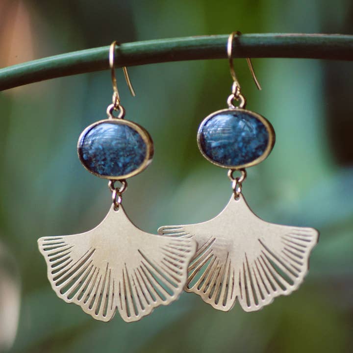 Crushed Gemstone Ginkgo Dangle Earring for wholesale by Cameoko