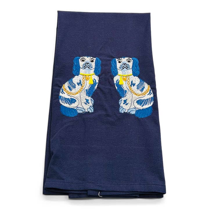 Towel - Blue Staffordshire Dogs Pair on Navy for wholesale by Vibrantly Blue
