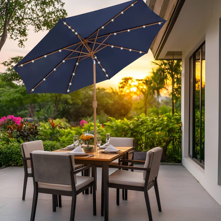 8.5 ft Solar Patio Umbrella with Faux Woodgrain - Navy for wholesale by Sunnydaze Decor