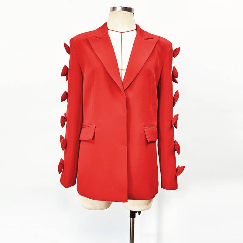 Sanyao Fashion - Vente Veste de tailleur – femme  - Veste de costume mi-longue rouge chic à manches à nœud papillon SY2541