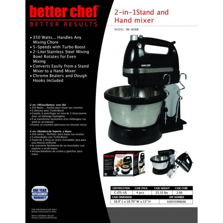 JupiterGear Home – Großhandel Küchengeräte – Better Chef 5-Speed-Boost Hand- und Standmixer mit Schüssel, 350 W2