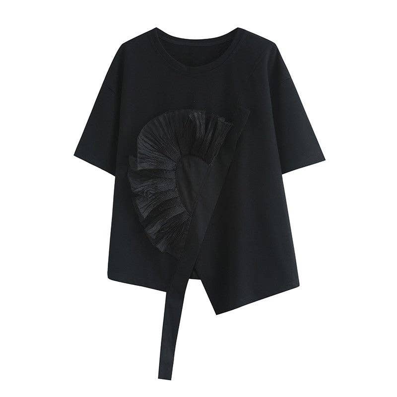 FurDecoration - Wholesale T-Shirt - Women's - Design Of Irregular Short Sleeve T-Shirt With 3D Flower Pattern1