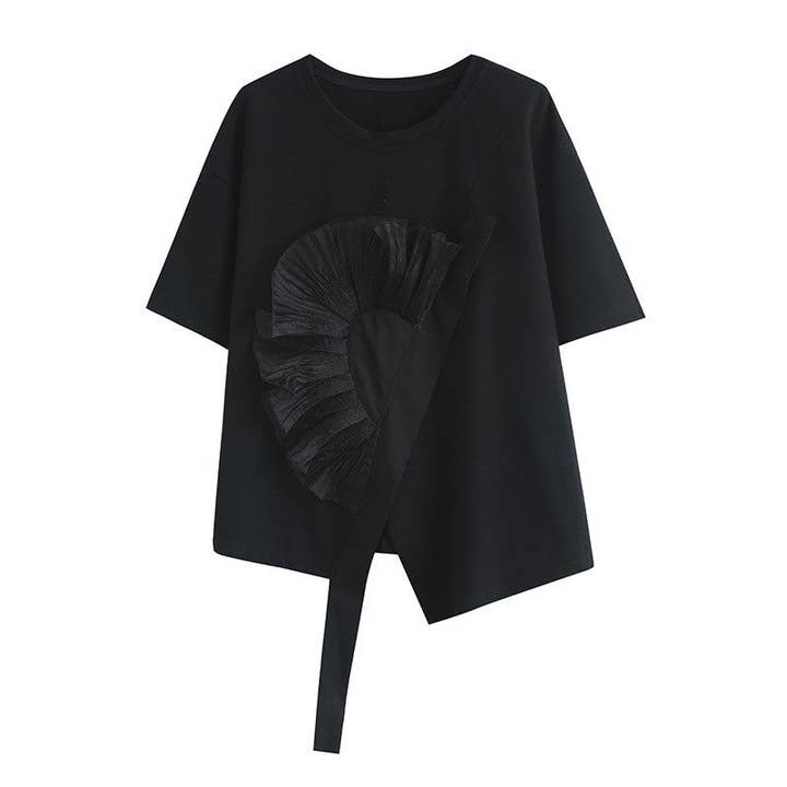 FurDecoration - Wholesale T-Shirt - Women's - Design Of Irregular Short Sleeve T-Shirt With 3D Flower Pattern1