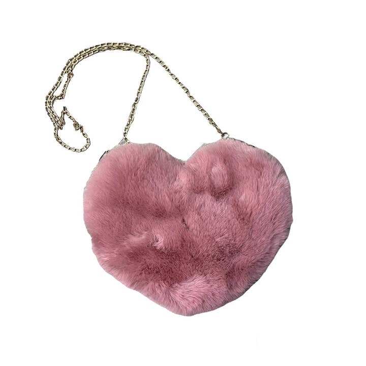 Faux Fur Fluffy Heart Bag With Chain Pink for wholesale by ILLYTRILLY