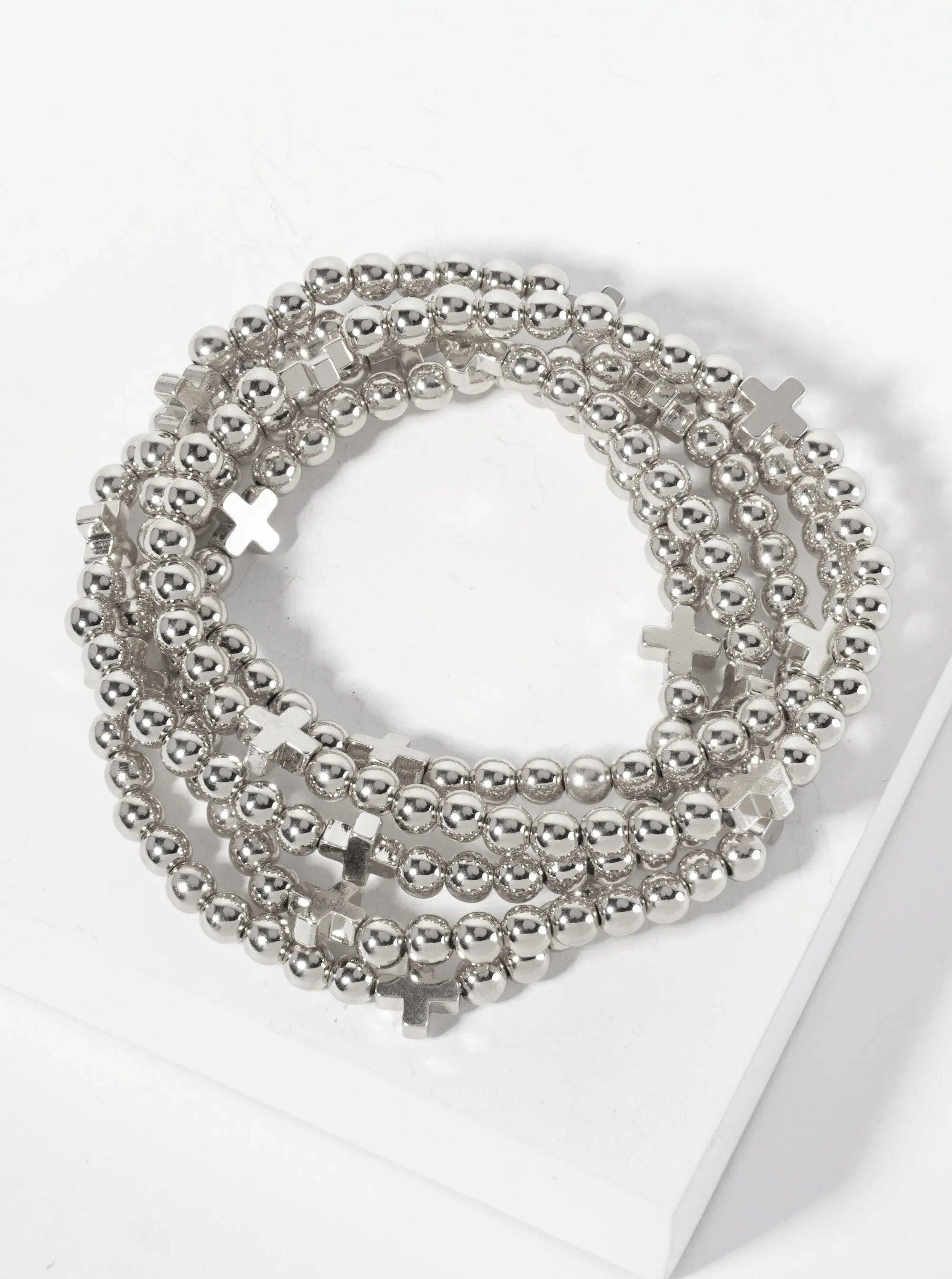 Wild Honey - Wholesale Jewelry Set - Set of 5 Polished Metallic Cross & Ball-Bead Bracelets1