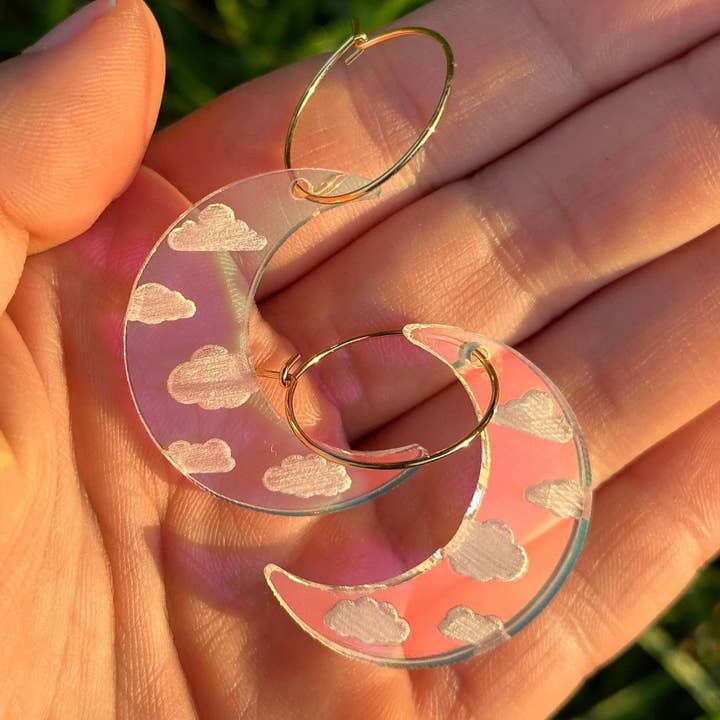 ShlemonArt - Wholesale Hoop Earrings - Iridescent Acrylic Cloudy Moon Hoops2