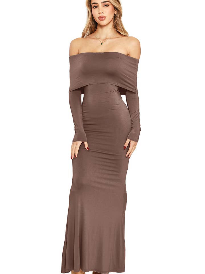 SUPERZACHTE 4-WEG STRETCH GEVOUWDE OFFSHOULDER MAXIJURK-D2019 voor wholesale door LA LUXE