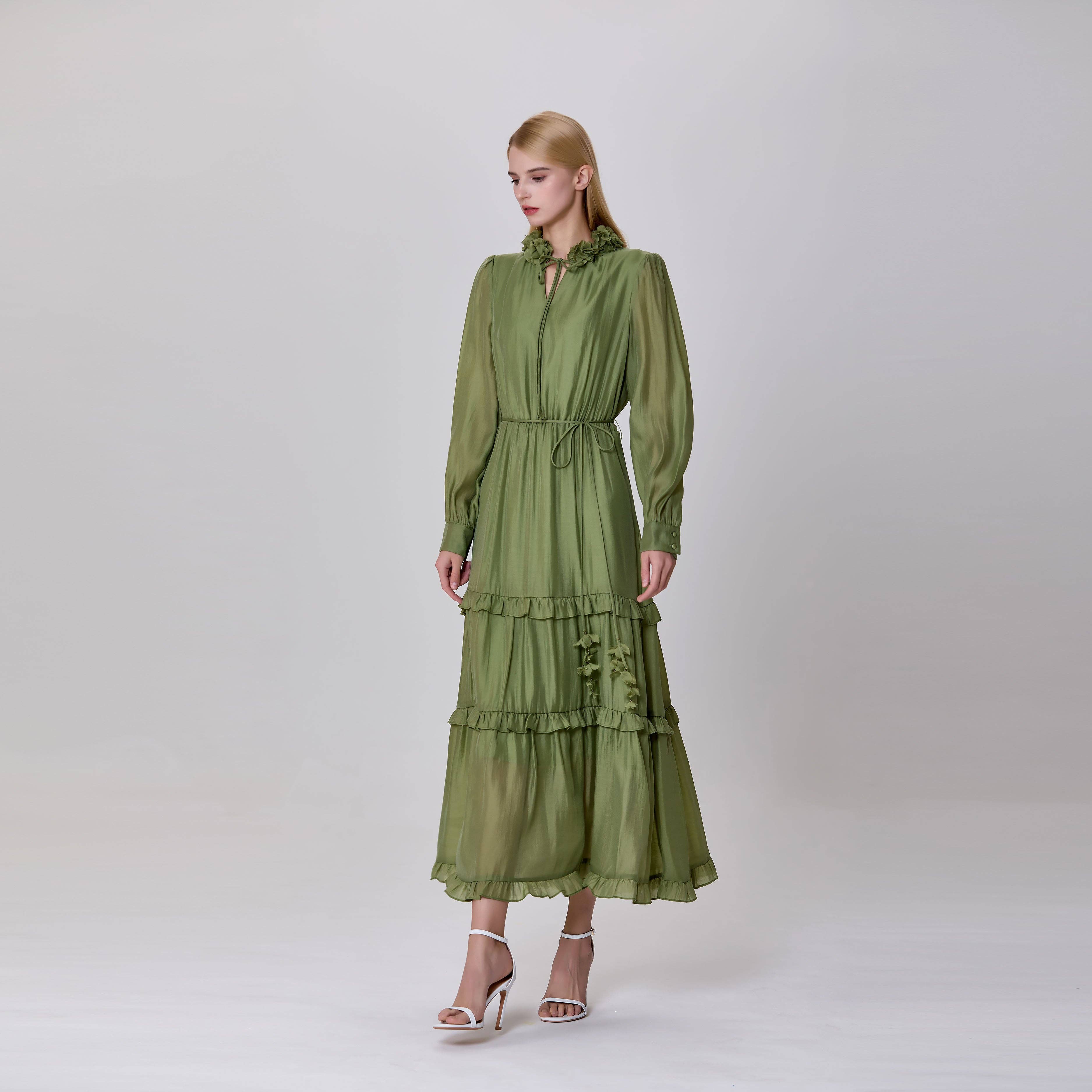 Green Ruffled shirt dress with layered inserts for wholesale on Faire2