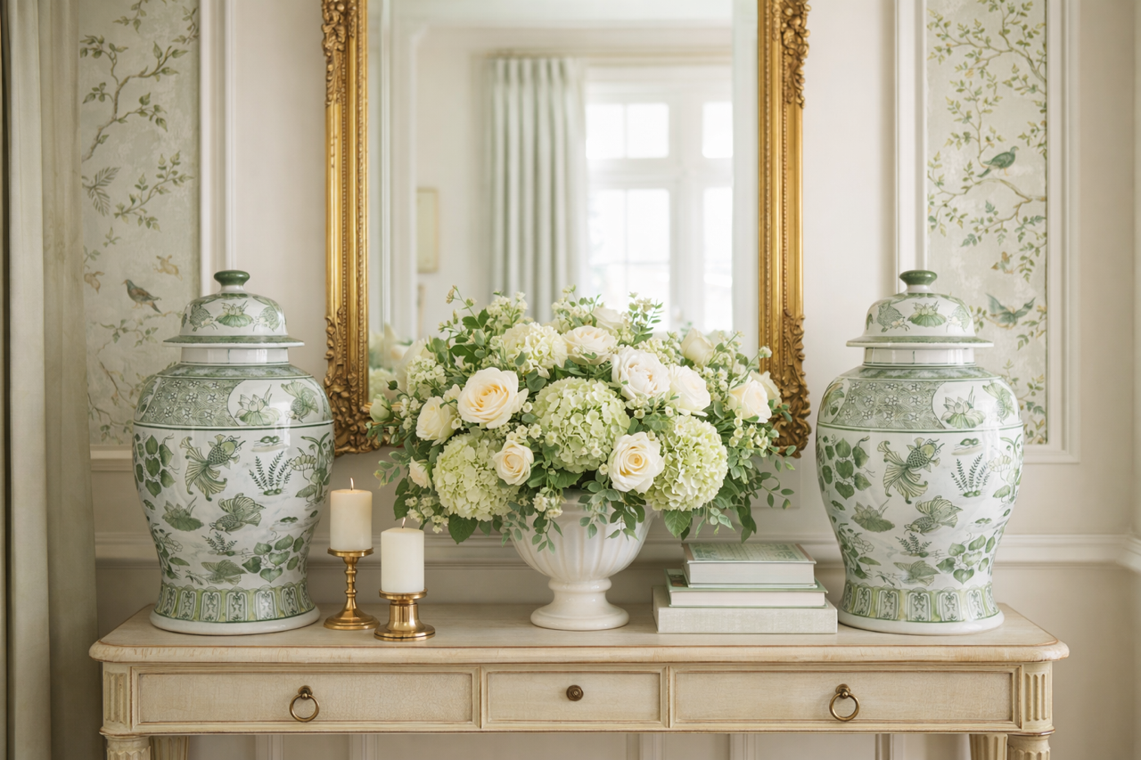 The Enchanted Home - Wholesale Decorative Jar - Large Green and White Temple Jar1