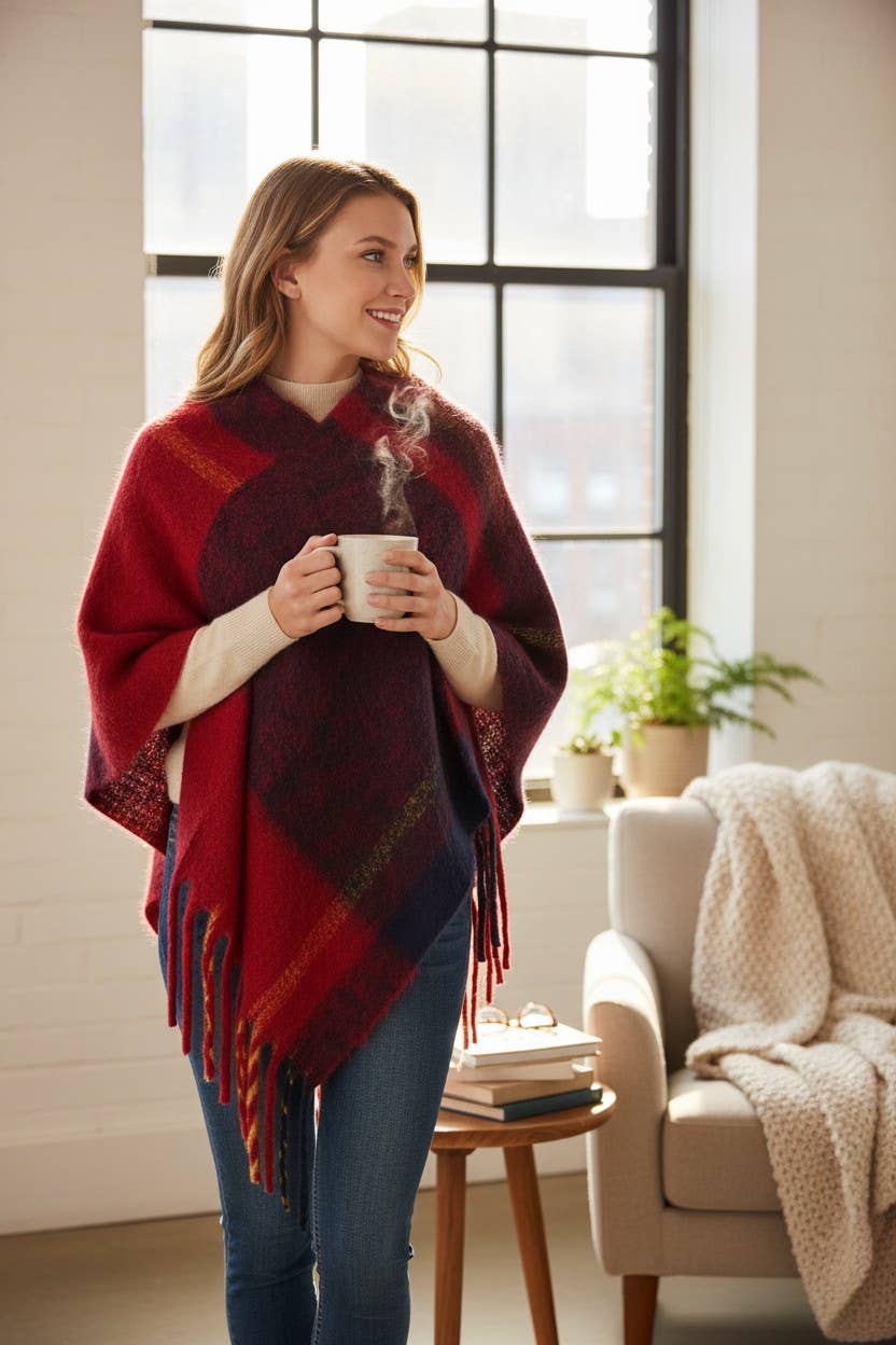 Artini Accessories - Wholesale Poncho - Women's - Soft Knit Large Plaid Design Winter Poncho Set0