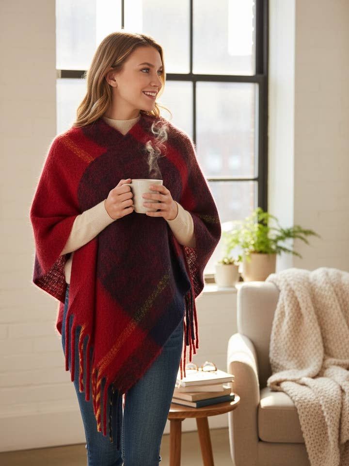 Artini Accessories - Wholesale Poncho - Women's - Soft Knit Large Plaid Design Winter Poncho Set