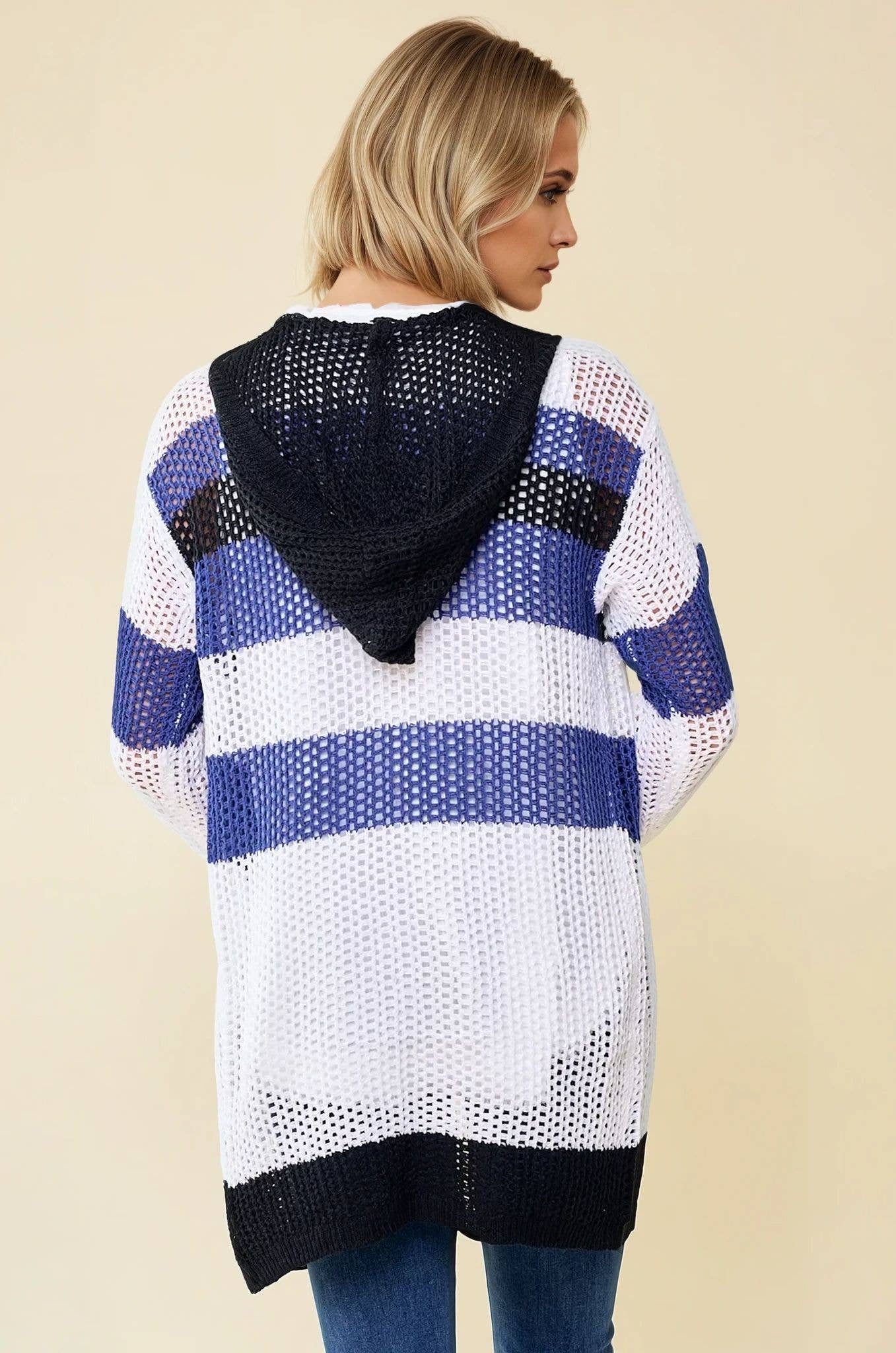 Navy Black Multi Stripe Hoodie Cardigan - 10138J for wholesale on Faire4