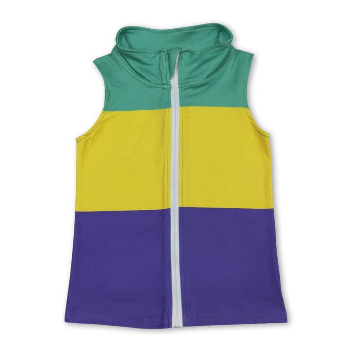 Sleeveless green yellow purple kids Mardi Gras zip vest for wholesale by Yawoo Garments