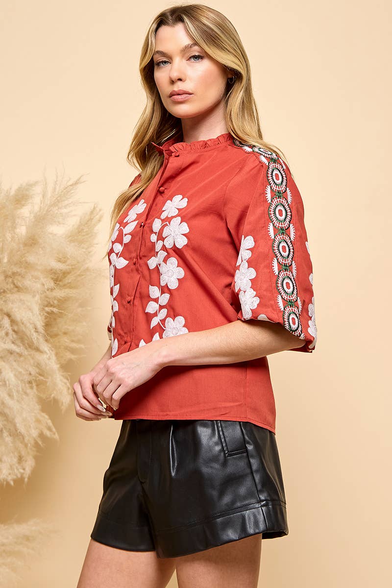 RUST Floral Embroidery Blouse  for wholesale on Faire7