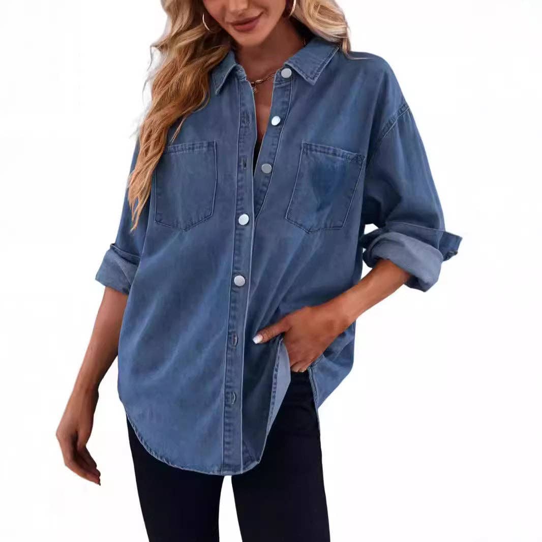 Masyal - Wholesale Button Down Shirt - Women's - Women's Casual Loose Denim Shirt with Turn-Down Collar3