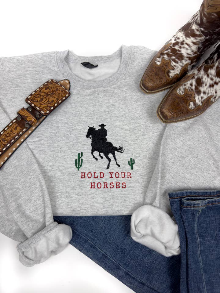 "Hold Your Horses Embroidered Crewneck/Tee" for wholesale by Stitch and Style Clothing