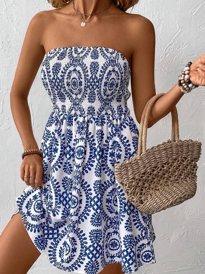 BLUE CWDTD0409_BLUE PRINTED TUBE TOP DRESS for wholesale on Faire