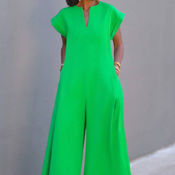 Hoog getailleerde losse geplooide zakken effen kleur V-hals jumpsuits voor wholesale door UZ Wholesale Store