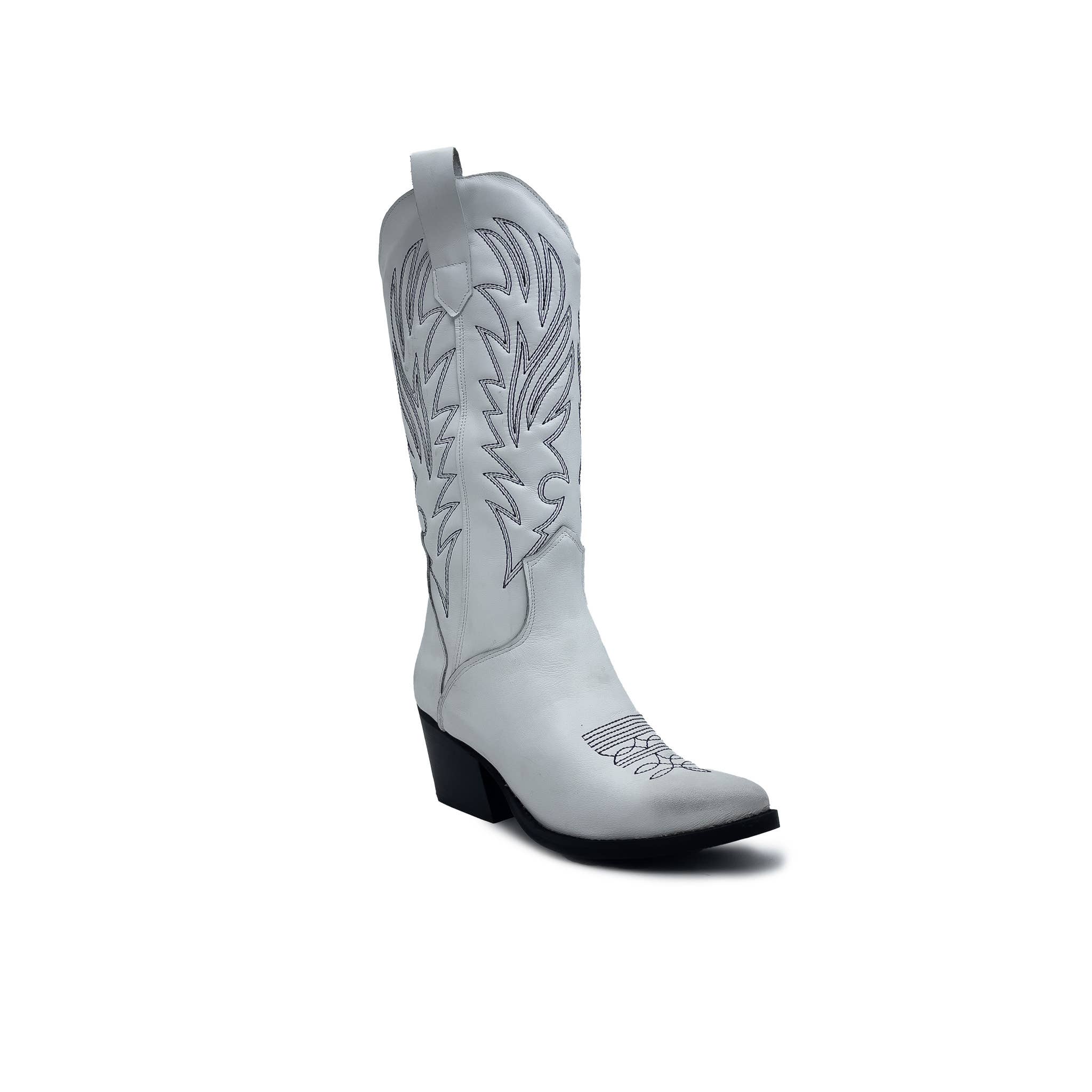 WALKING NOW SRL - Wholesale Cowboy Boots - Women's - White leather women's cowboy boots with quilted embroidery2