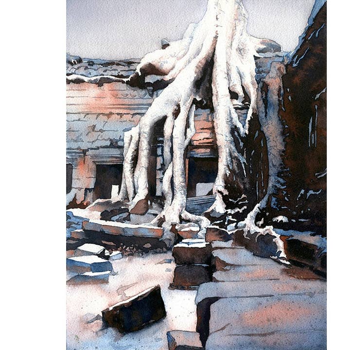 Ta Prohm archaeological ruins at Angkor Wat, Cambodia- watercolor painting of sycamore roots overgrowing ruins of Ta Prohm at Angkor Wat (print) for wholesale by Ryan Fox Fine Art