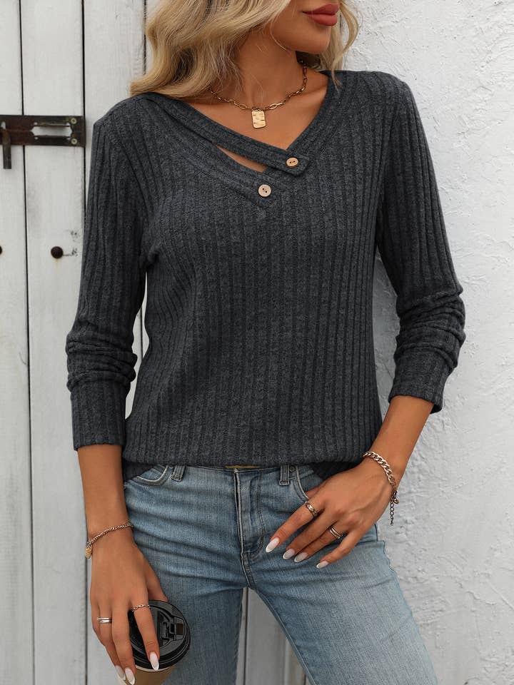 Casual V-Neck Button Long Sleeved Top for wholesale by FULL TIME PURCHASE