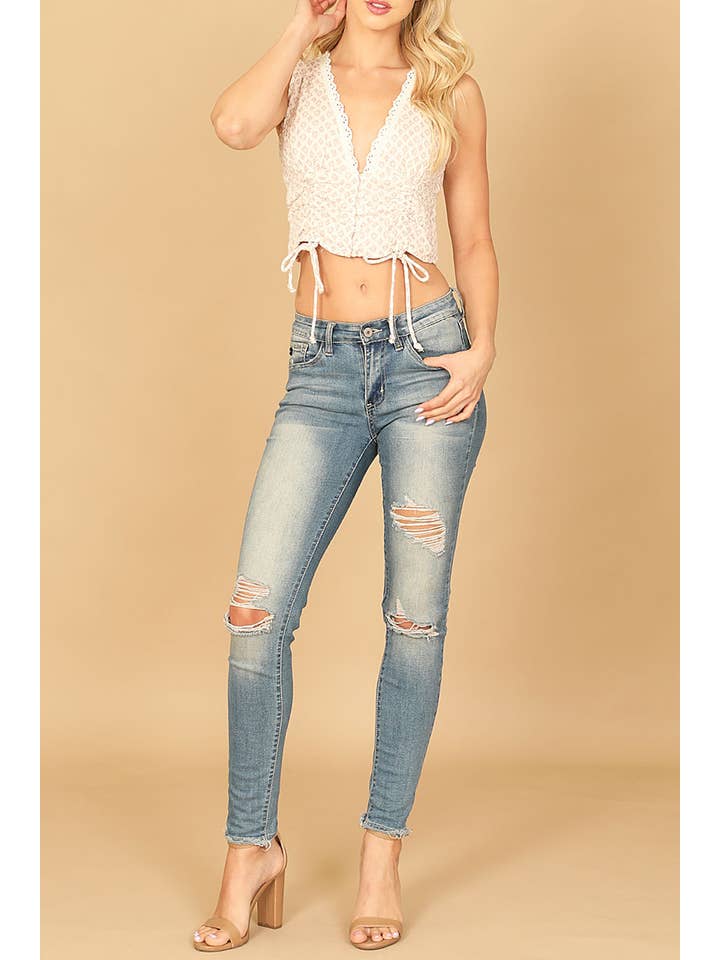 CREAM MAUVE Plunging Lace Ruched Front Print Crop Top - Cotton Fabric for wholesale on Faire