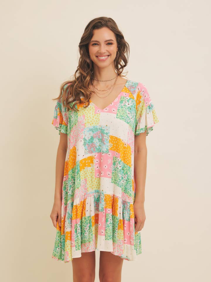 FLORAL RAYON GAUZE FLOWY MINI DRESS WITH RUFFLED HEM for wholesale by in february