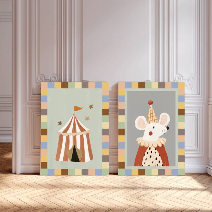 Set van twee circus muis kinderkamer kunstafdrukken voor wholesale door Kumo Art Prints