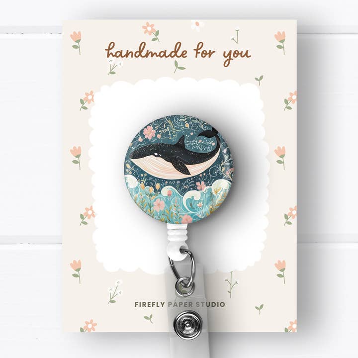 Whale Badge Reel for wholesale by Firefly Paper Studio, LLC