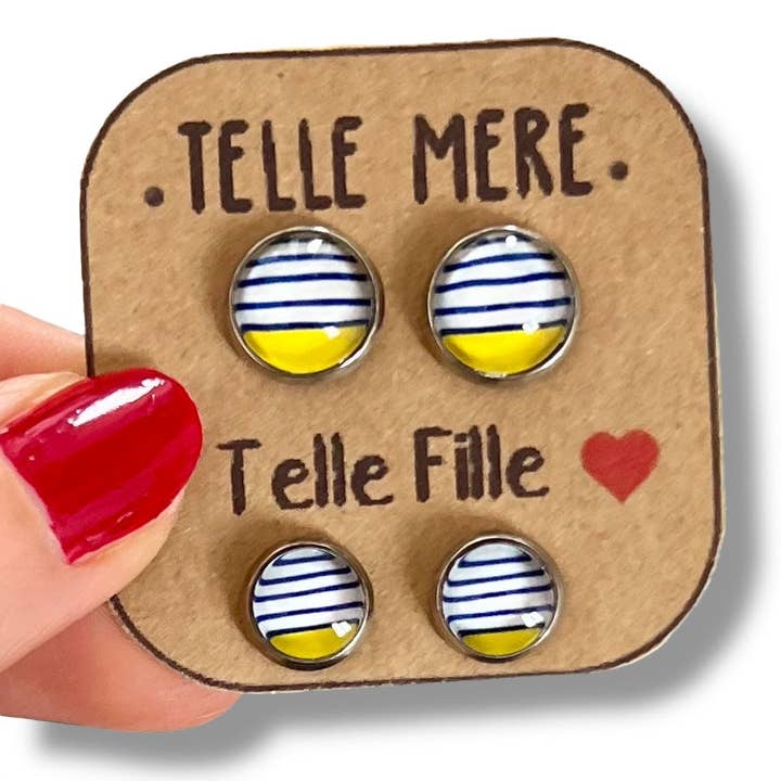 Dans l'Air du Temps Bijoux – Großhandel Ohrstecker – Mutter-Tochter-Ohrringe / "Wie die Mutter, so die Tochter!" gelbe und blaue Streifen