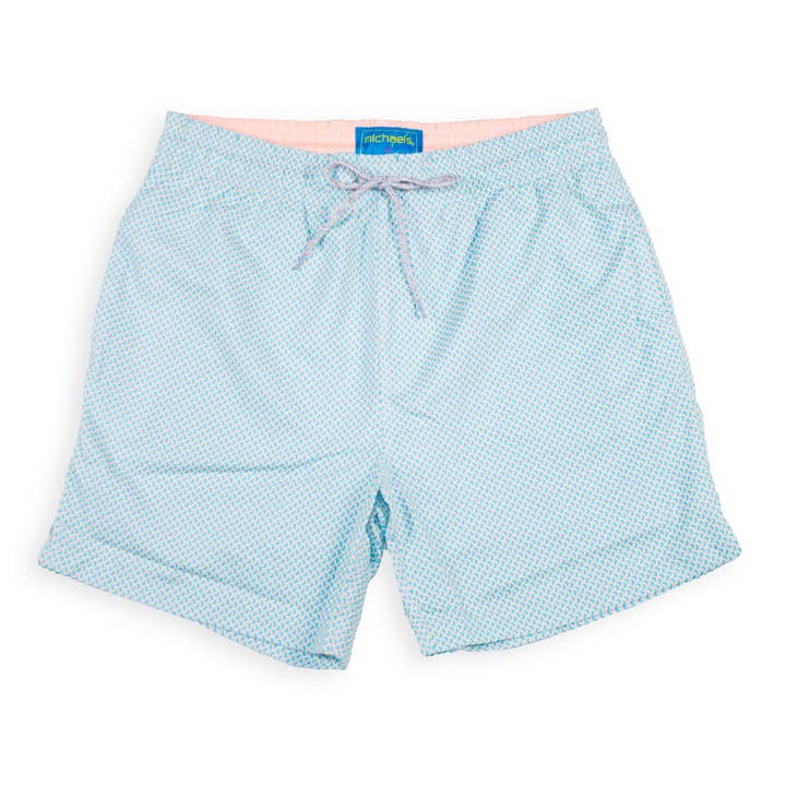 Men's Cyclist Liner Swim Trunks - Wave Print Aqua/Orange for wholesale by Let's Get This Thread