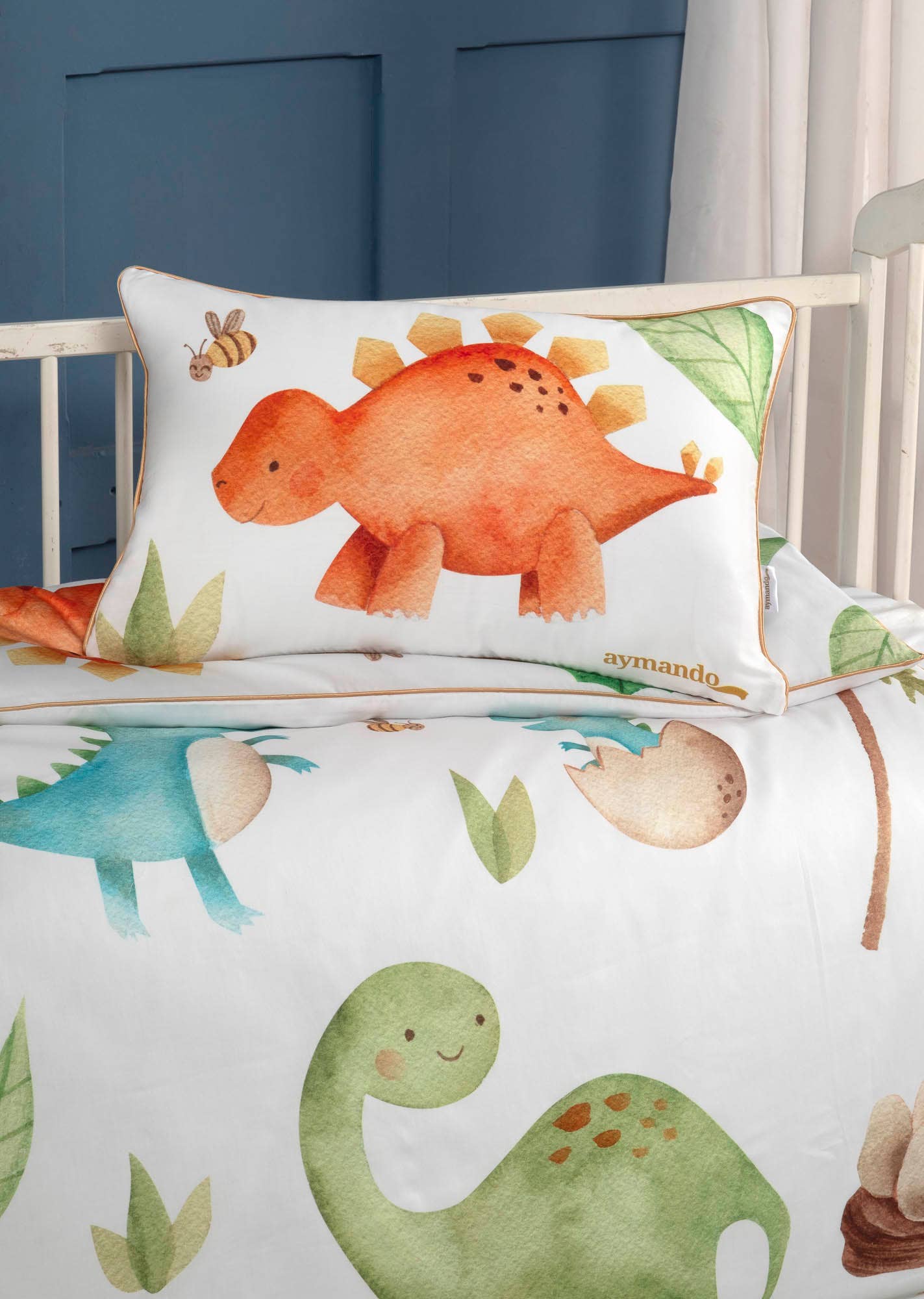 Aymando Home - Vendita all'ingrosso Set di lenzuola - Bambini e neonati - Set biancheria da letto per bambini in raso, 2 pezzi, 100 x 135 cm e 40 x 60 cm, dinosauro3