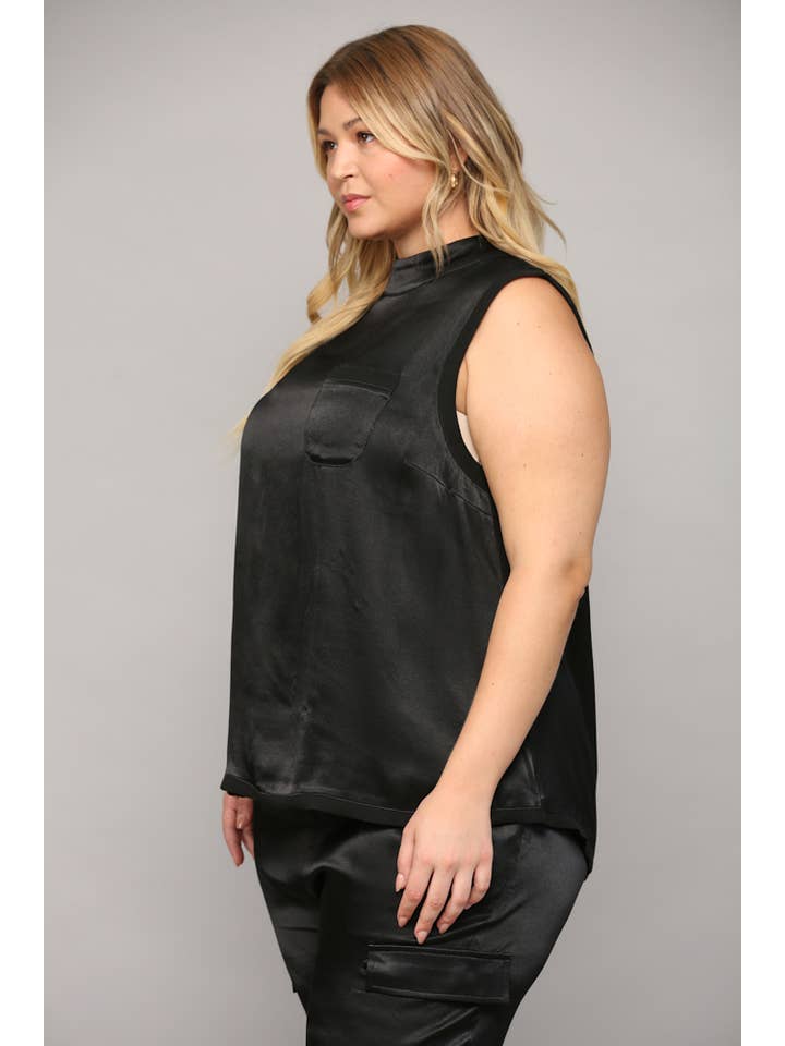 BLACK SLVL SATIN TOP WITH RIBBED TRIM FT3177P for wholesale on Faire