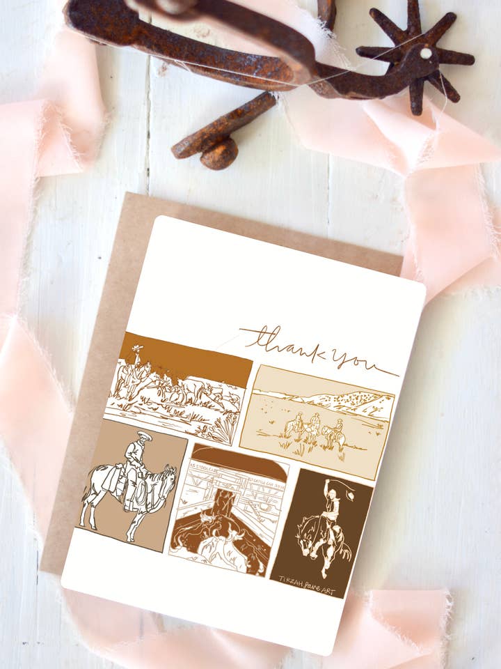 Vintage Western Ranching Sketches Thank You Card Single Card for wholesale by Tirzah Lane Art