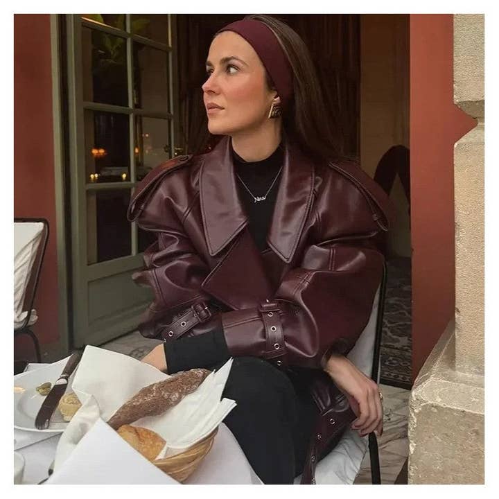 FurDecoration - Wholesale Leather Jacket - Women's - Retro Collar Leather Biker Jacket2