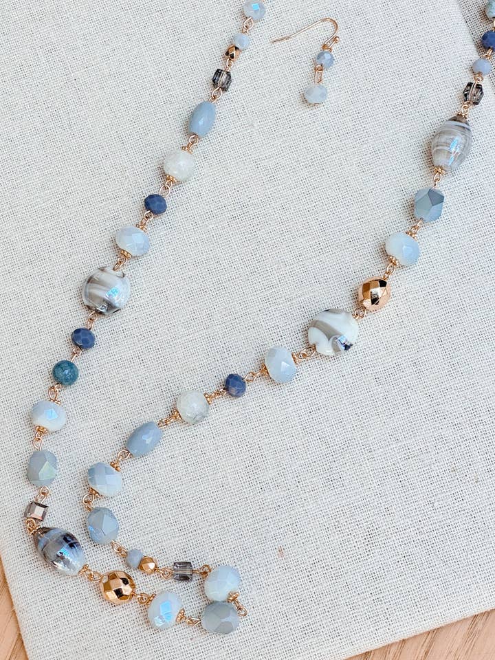 Gold Grey Glass & Crystal Bead Link Chain Long Necklace Set for wholesale by Juniper Wish