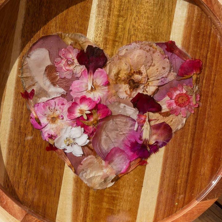 Pressed Flower Heart Lazy Susan – 9” Wooden Turntable | Real Flowers Preserved in Resin for wholesale by Remedy Designs